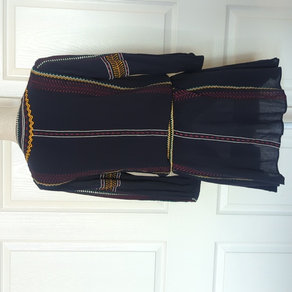 Alice + Olivia Jolene Embroidered Drop Waist Peasant Navy Blue Dress - Picture 6 of 8